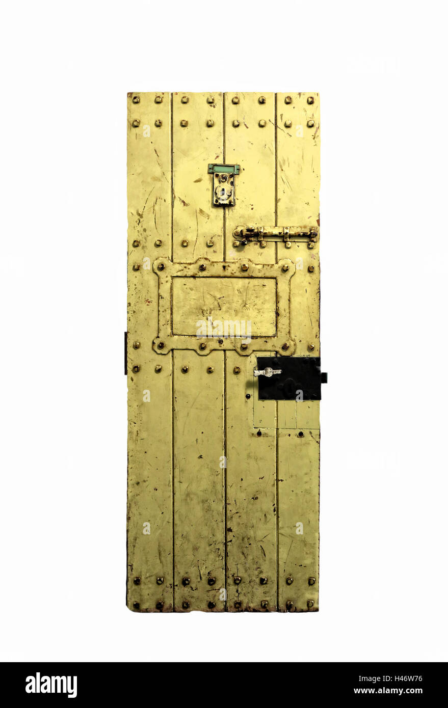Ihrer Majestät Gefängnis Reading, England im Jahr 2016 - außen erhaltene Tür auf Oscar Wildes Zelle für das Publikum geöffnet. Stockfoto