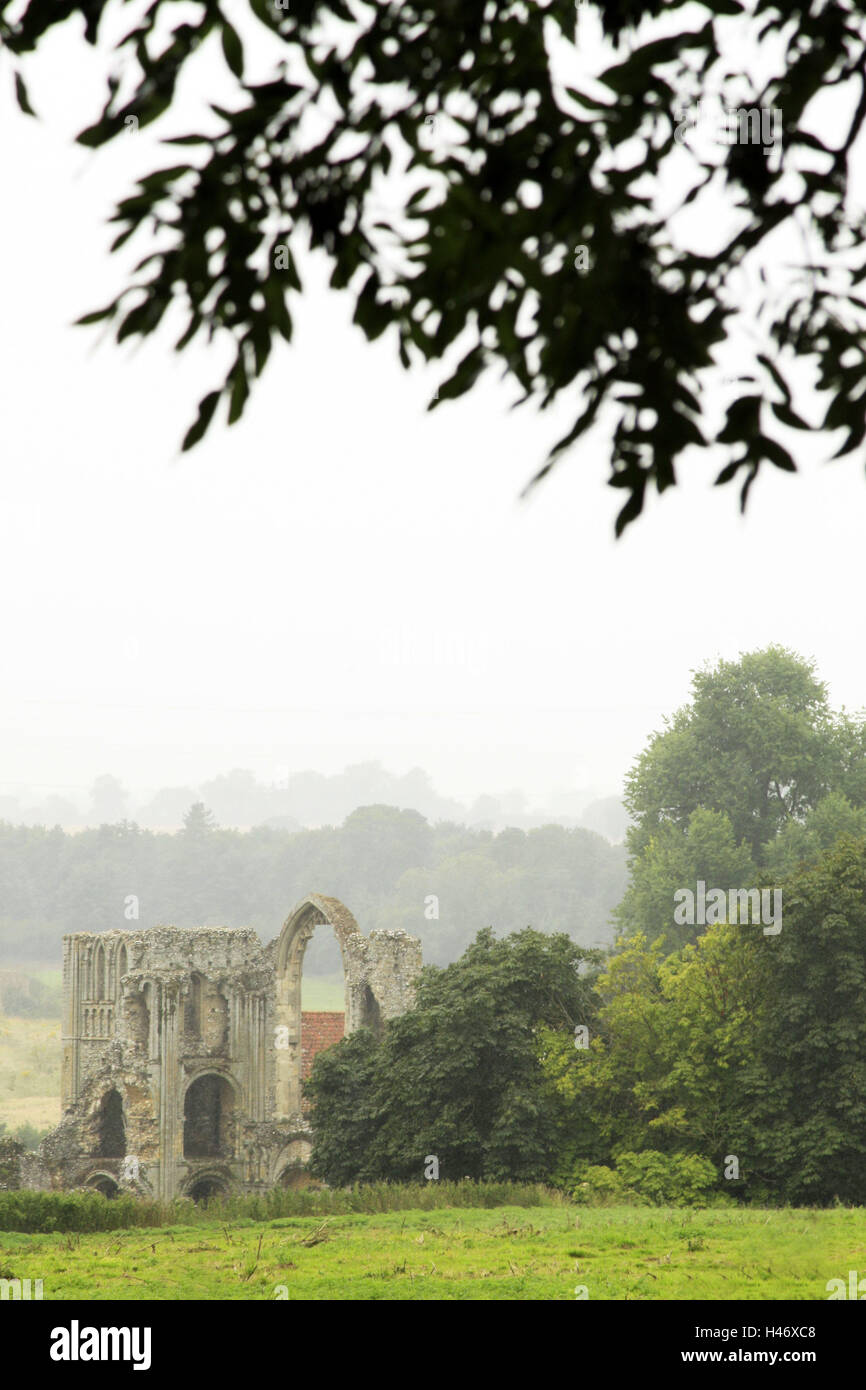 Groß Britannien, Norfolk, Schloss Acre, Kirchenruine, Nebel, England, Rand Wald, Ruine, Struktur, Reste der Stadtmauer, historisch, Architektur, Ort von Interesse, Reiseziel, Tourismus, Stockfoto