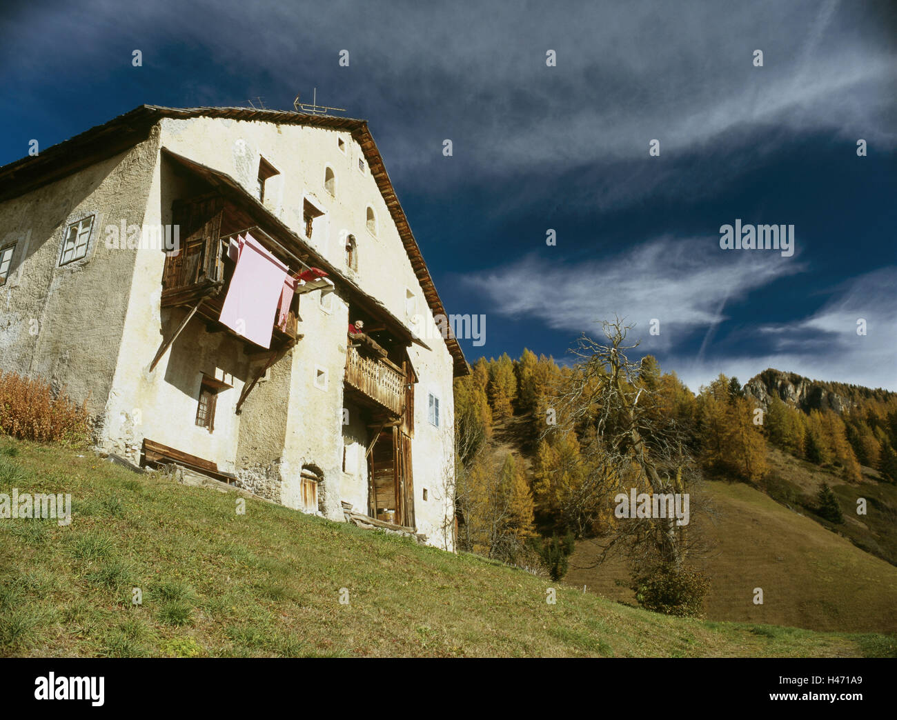 Wengen, Bezirk Runch, Hanglage, Wohn, Gadertal, Südtirol, Italien Haus, Herbst, Alpen, Berglandschaft, Berge, Rand des Waldes, Alm, Haus, Bauern Haus, einfach, einfach, alte, typisch für Land, Symbol, Abgeschiedenheit, Ruhe, Ruhe, Idylle, Stockfoto