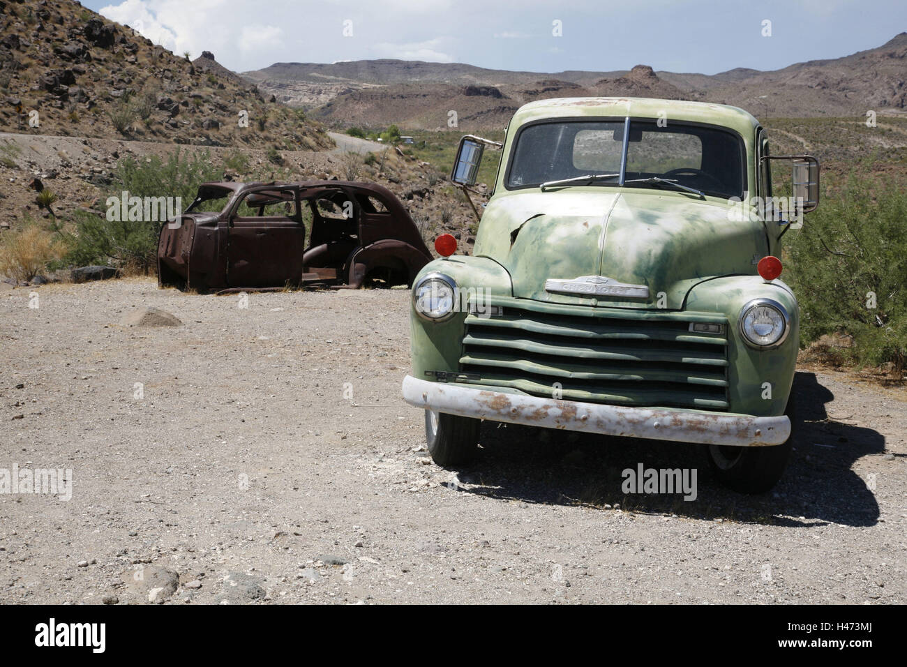 USA, Arizona, Cool Springs, Pass, Sitgreaves Pass, Route 66, Abholung, Schrott-Fahrzeug, Stockfoto