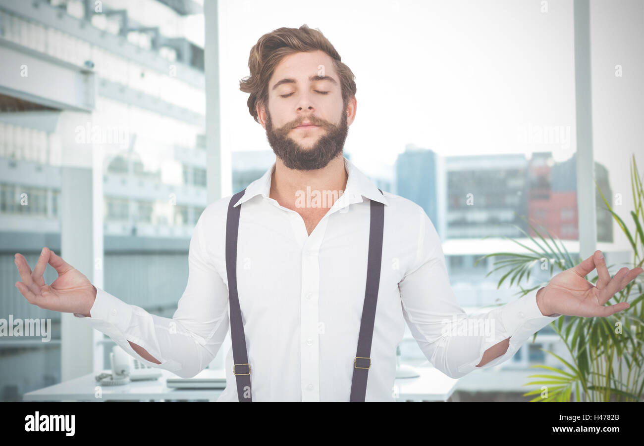 Zusammengesetztes Bild Hipster meditieren ausgestreckte Armen Stockfoto