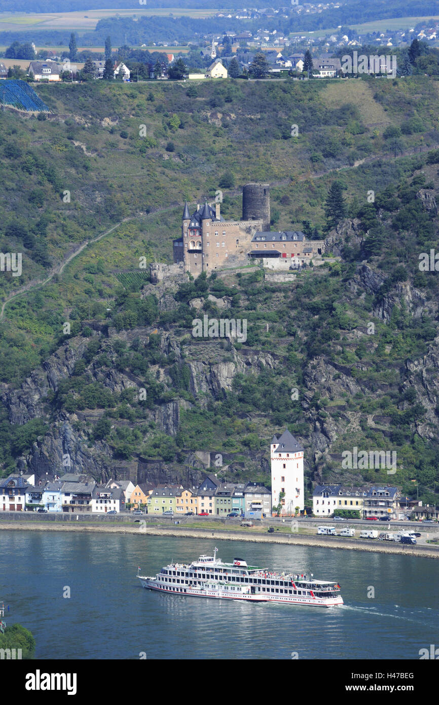 Schloss Katze, St. Goarshausen, Passagierschiff, Rhein, Rheinland-Pfalz, Deutschland, Stockfoto