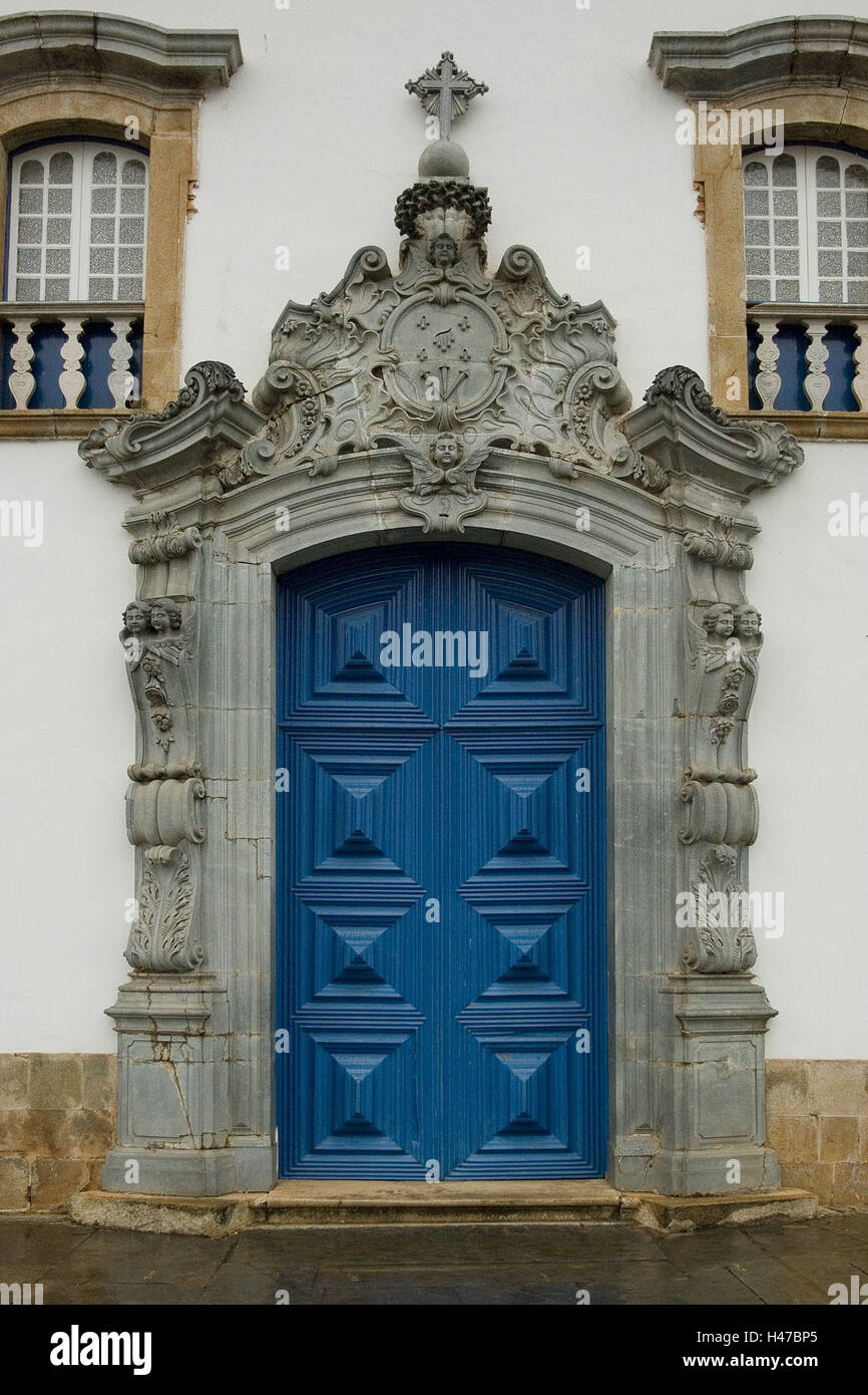 Brasilien, Minas Gerais, Congonhas, Basilika Bom Jesus Th Matosinhos, Detail, Eingang, Südamerika, Lateinamerika, Ziel, Ort von Interesse, Gebäude, Architektur, Kirche, Kirche, Heilige Bau, Portal, Portal, Kirchentür, draußen, menschenleer, Stockfoto