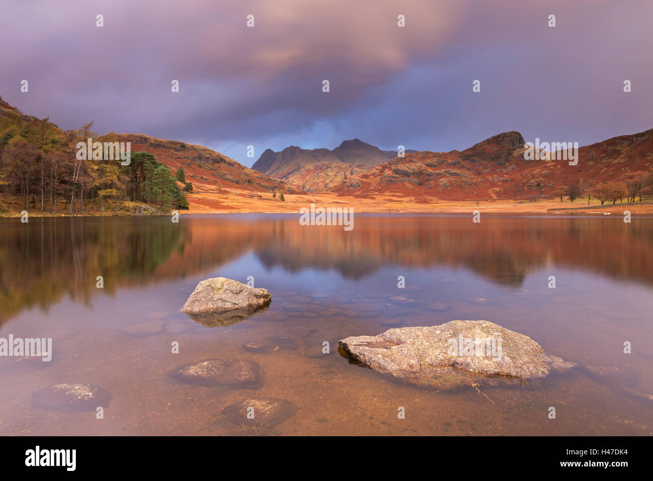 Sonnenaufgang über dem Blea Tarn und Langdale Pikes, Nationalpark Lake District, Cumbria, England. Herbst (November) 2014. Stockfoto