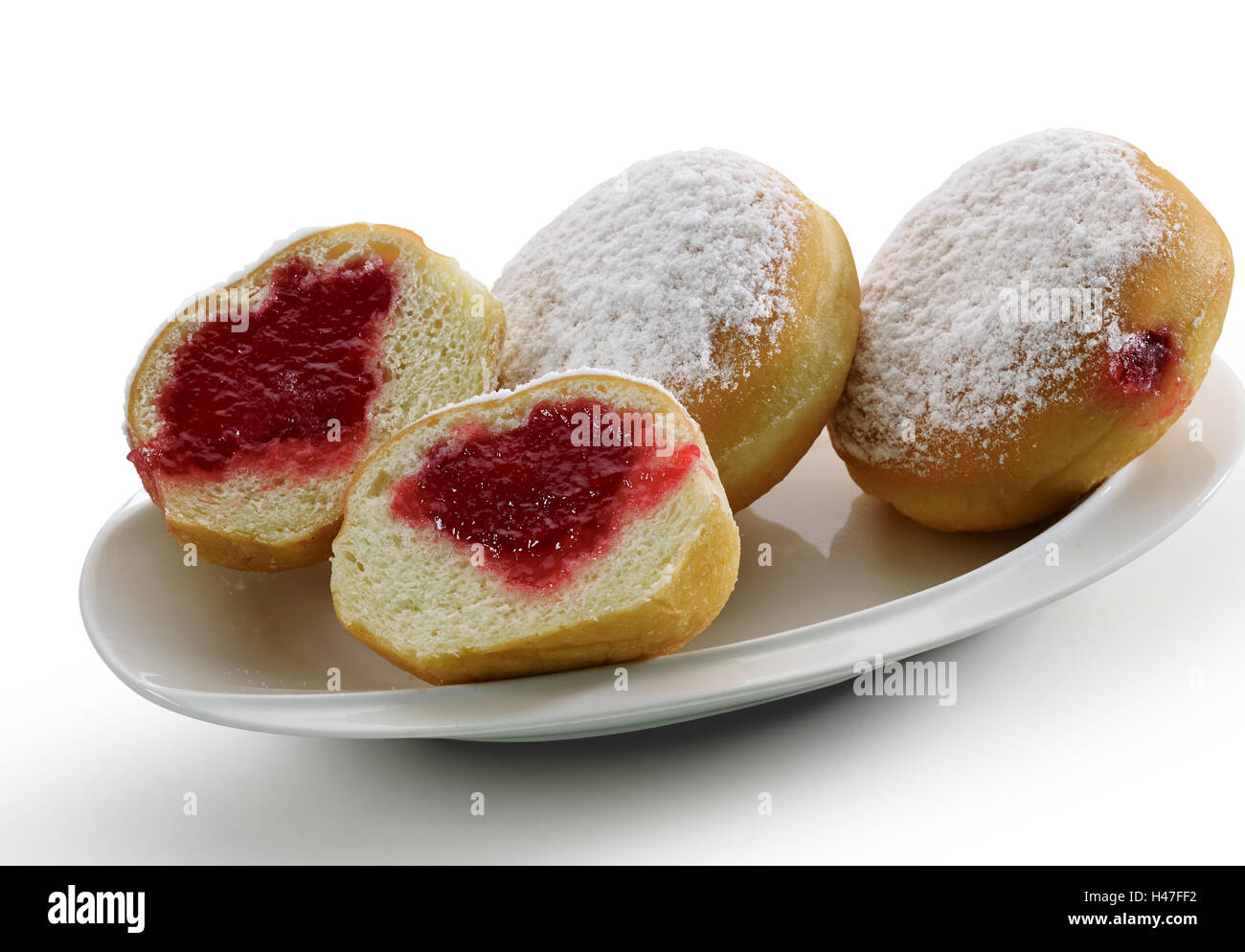 Süße Brötchen, süße Brötchen und Marmelade, rote Powered Zucker, Snack, Brot, Bäckerei, lecker, süß, weich, frisch, Ofen, Ofen frisch, Golden Stockfoto