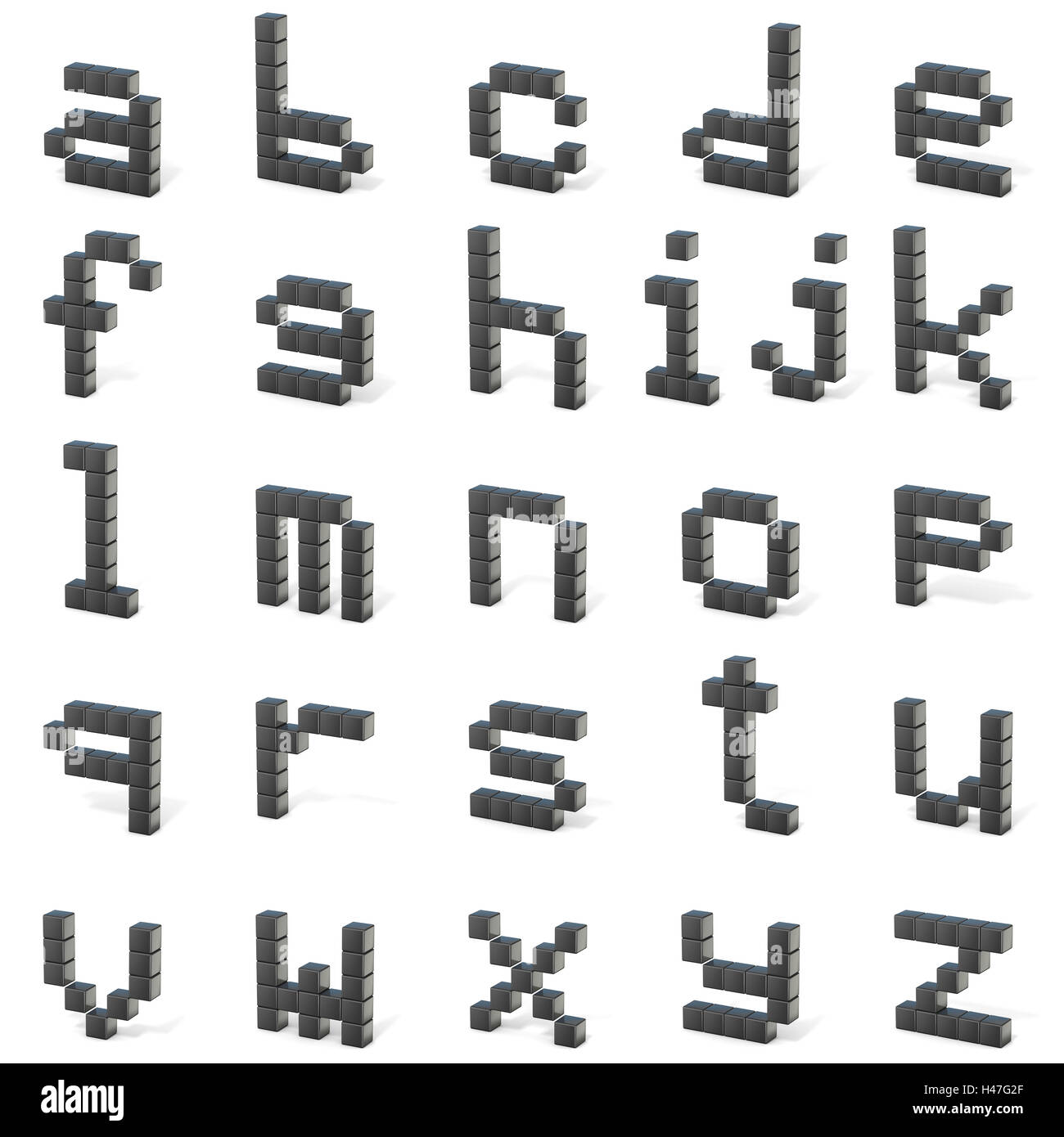 8-Bit-Schriftart. ALLE Kleinbuchstaben. 3D-Render Abbildung isoliert auf weißem Hintergrund Stockfoto
