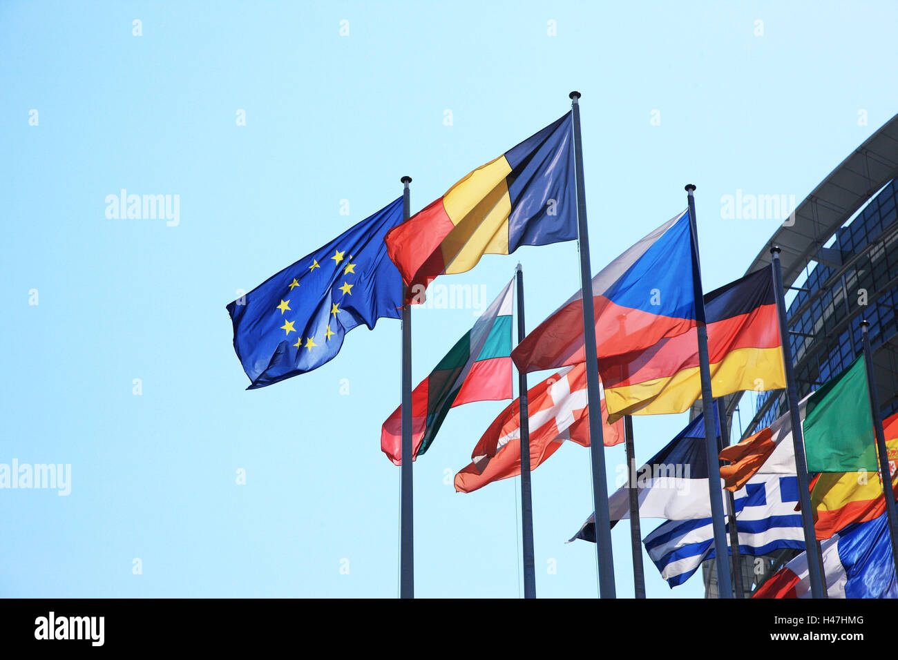 Europa, Flaggen, Europa, Frankreich, Fahnen, Schlag, Parlament, Politik, Elsass, Straßburg, Stockfoto
