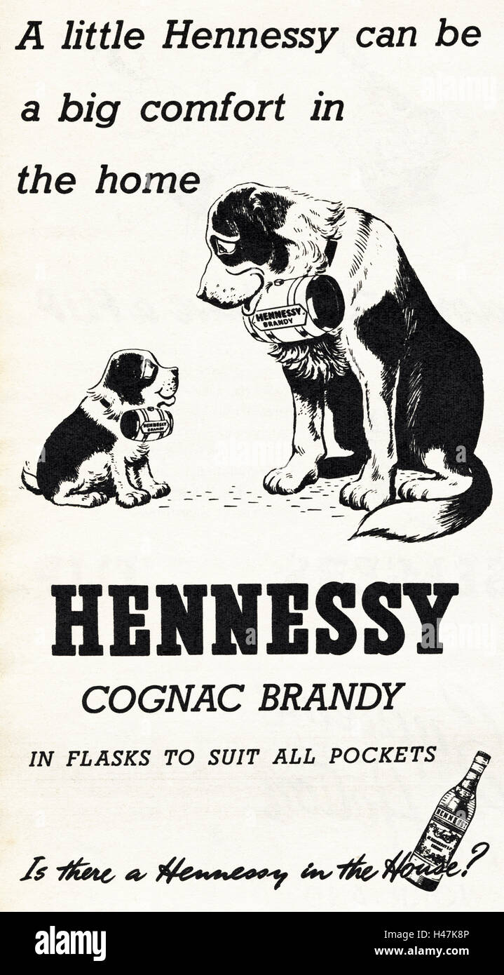 1950er Jahre Werbung Werbung aus original alten Oldtimer Magazin datiert 1952 Werbung für Hennessy Cognac brandy Stockfoto