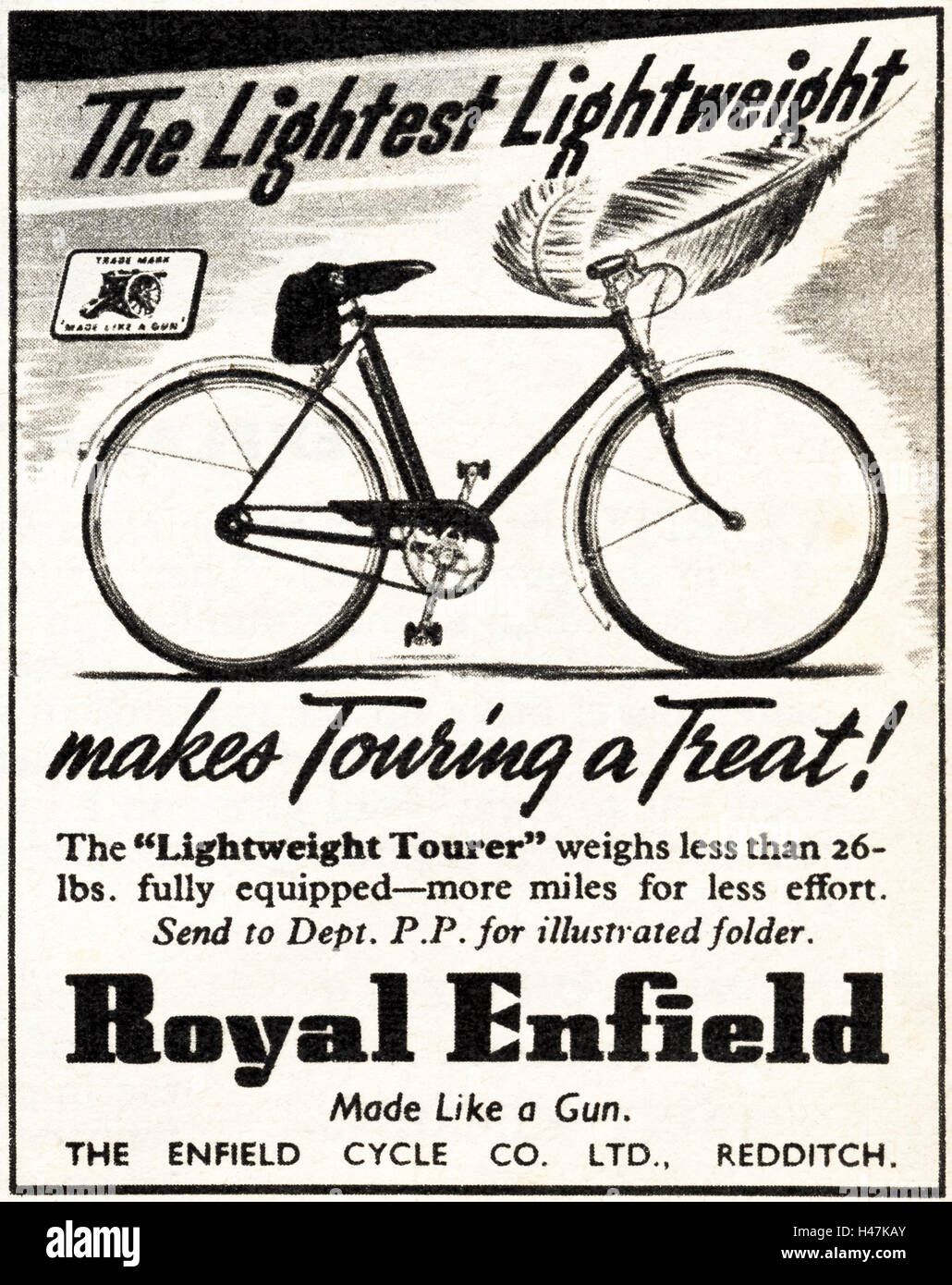 1950er Jahre Werbung Werbung aus original alten Oldtimer Magazin datiert 1952 Werbung für Royal Enfield Fahrräder Stockfoto