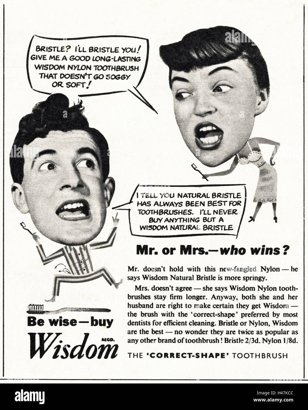 1950er Jahre Werbung Anzeige aus original alten Oldtimer Magazin datiert 1952 Werbung für Weisheit Zahnbürste Stockfoto