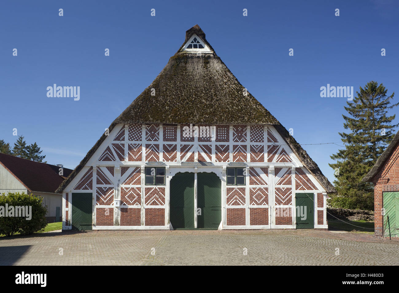 Deutschland, Niedersachsen, altes Land, Bauernhof, Dorf, Architektur, Gebäude, Fachwerkhäuser, architektonischen Stil, Himmel, blau, draußen, niemand, Hollern-Twielenfleth, Twielenfleth, Stockfoto