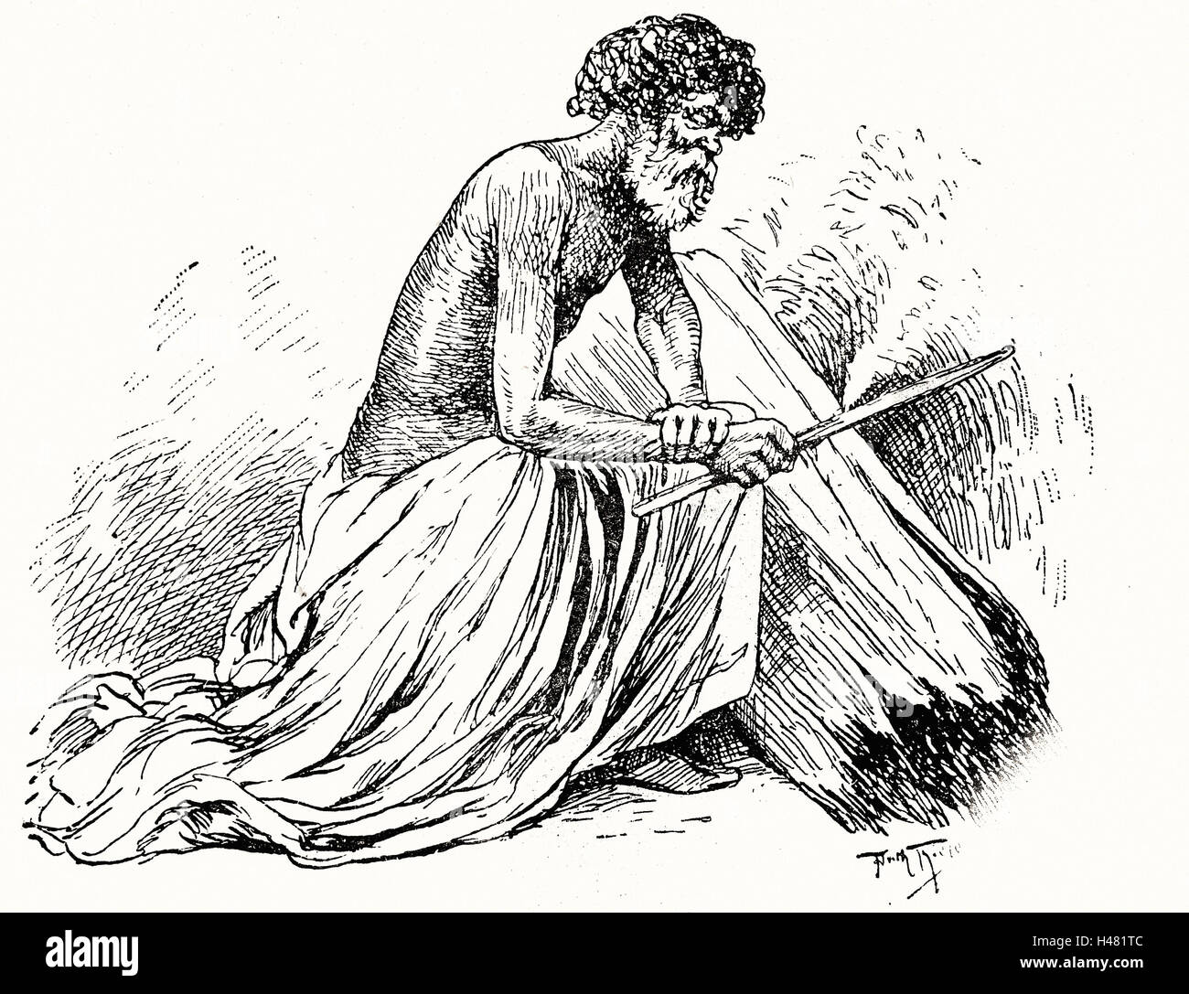 Abbildung des Feuermachens durch Reibung Stockfoto