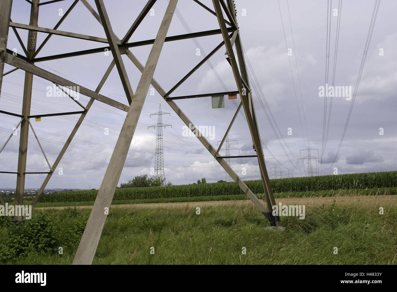 Feld, Landschaft, Hochspannungs-Pole, bewölkten Himmel, Landschaft, Feld, Maisfeld, Strommasten, Masten, Überlandleitung, Hochspannungs-Schaltungen, Strom, Hochspannung, Kabel, Elektrokabel, Stromleitungen, Netzteil, Stromversorgung, Wirtschaft, Energie, Strom, Energie, Industrie, Deutschland, Baden-Wurttemberg, Weiblingen, Stockfoto