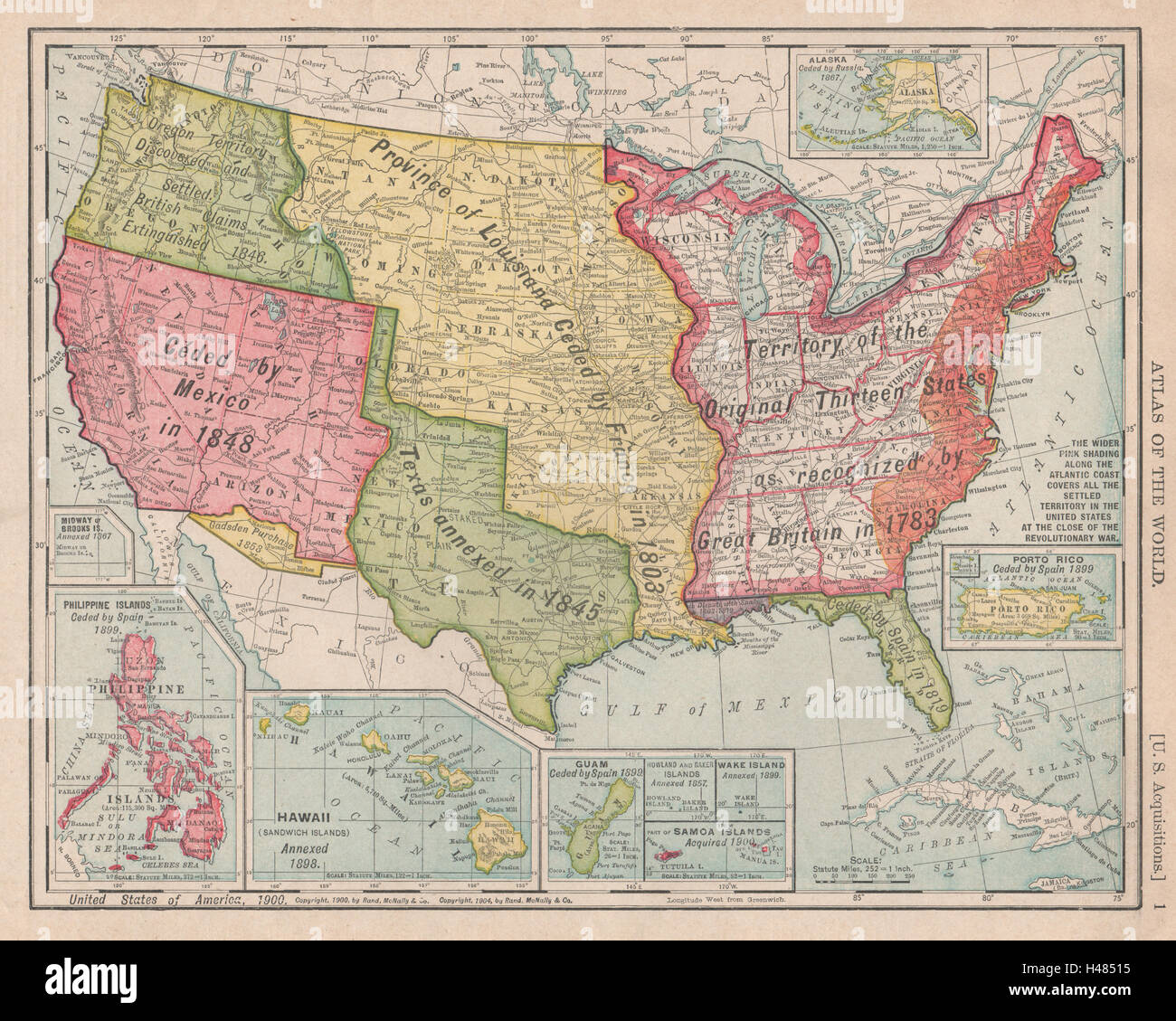 Territoriale Entwicklung der USA. Gadsden/Louisiana Purchase. RAND MCNALLY 1912 Karte Stockfoto