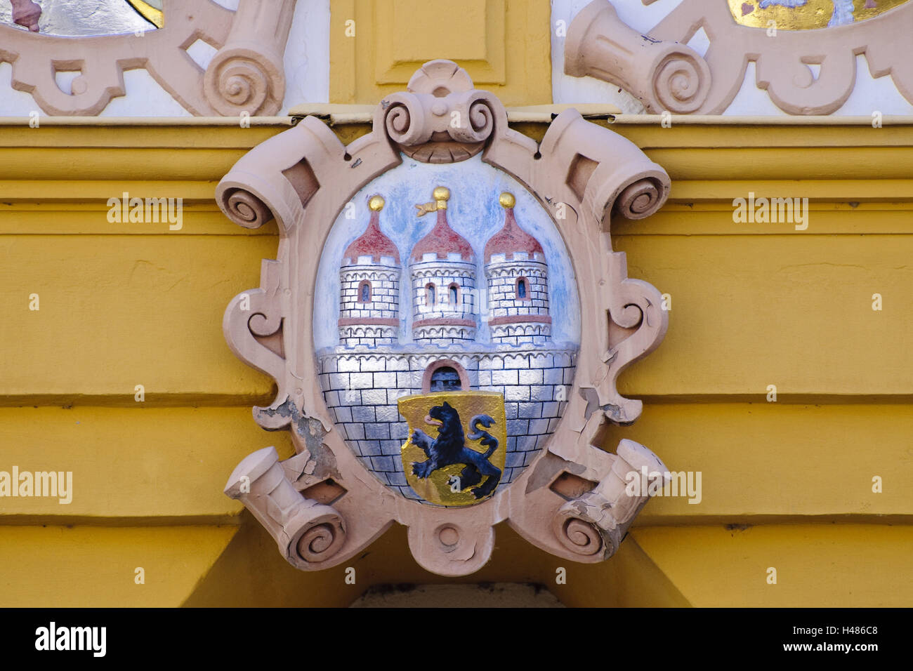Freiberg, Altstadt, Fassade, Wappen, Sachsen, Deutschland, Stockfoto