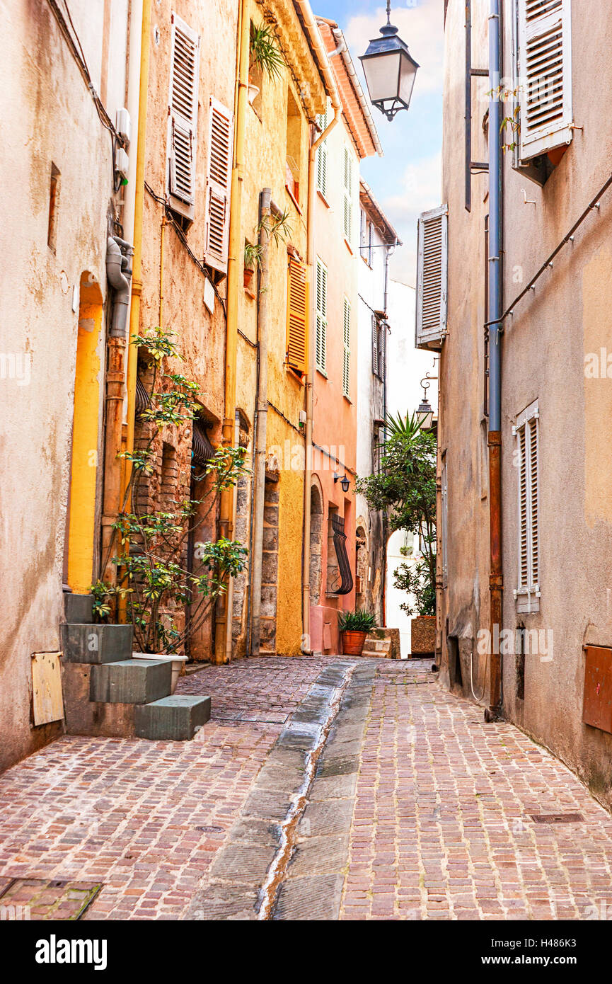 Die gemütliche Straße mit grünen Pflanzen in den Töpfen und Abfluss mitten auf der Straße, Cannes, Frankreich. Stockfoto