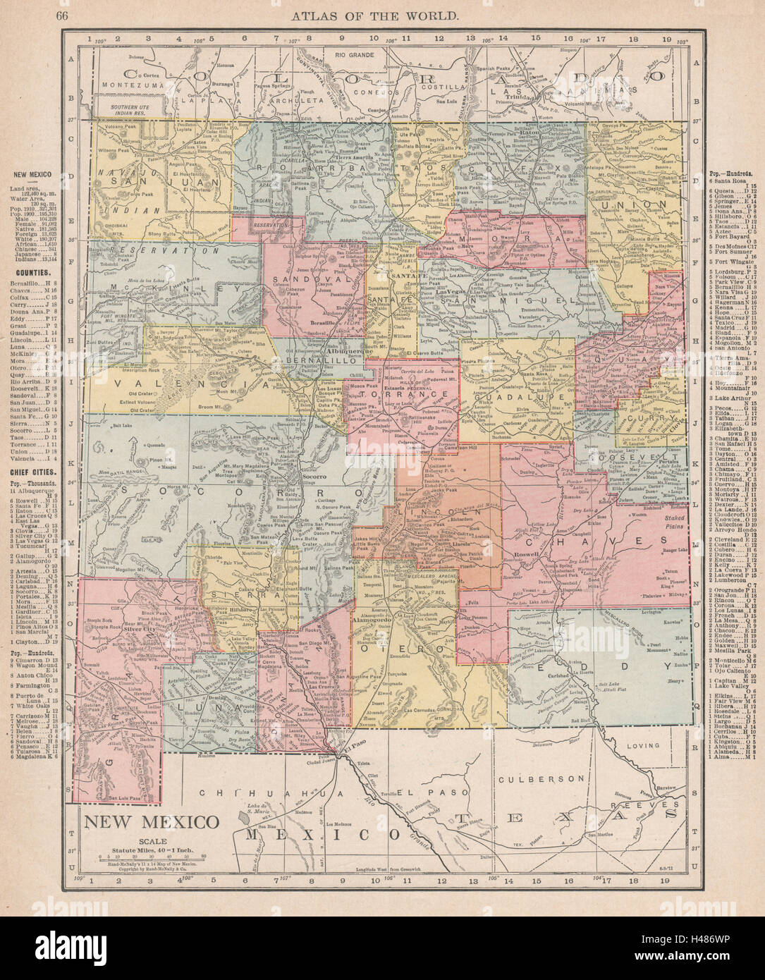 New Mexico State Karte zeigt Grafschaften. RAND MCNALLY 1912 alte antike Diagramm Stockfoto
