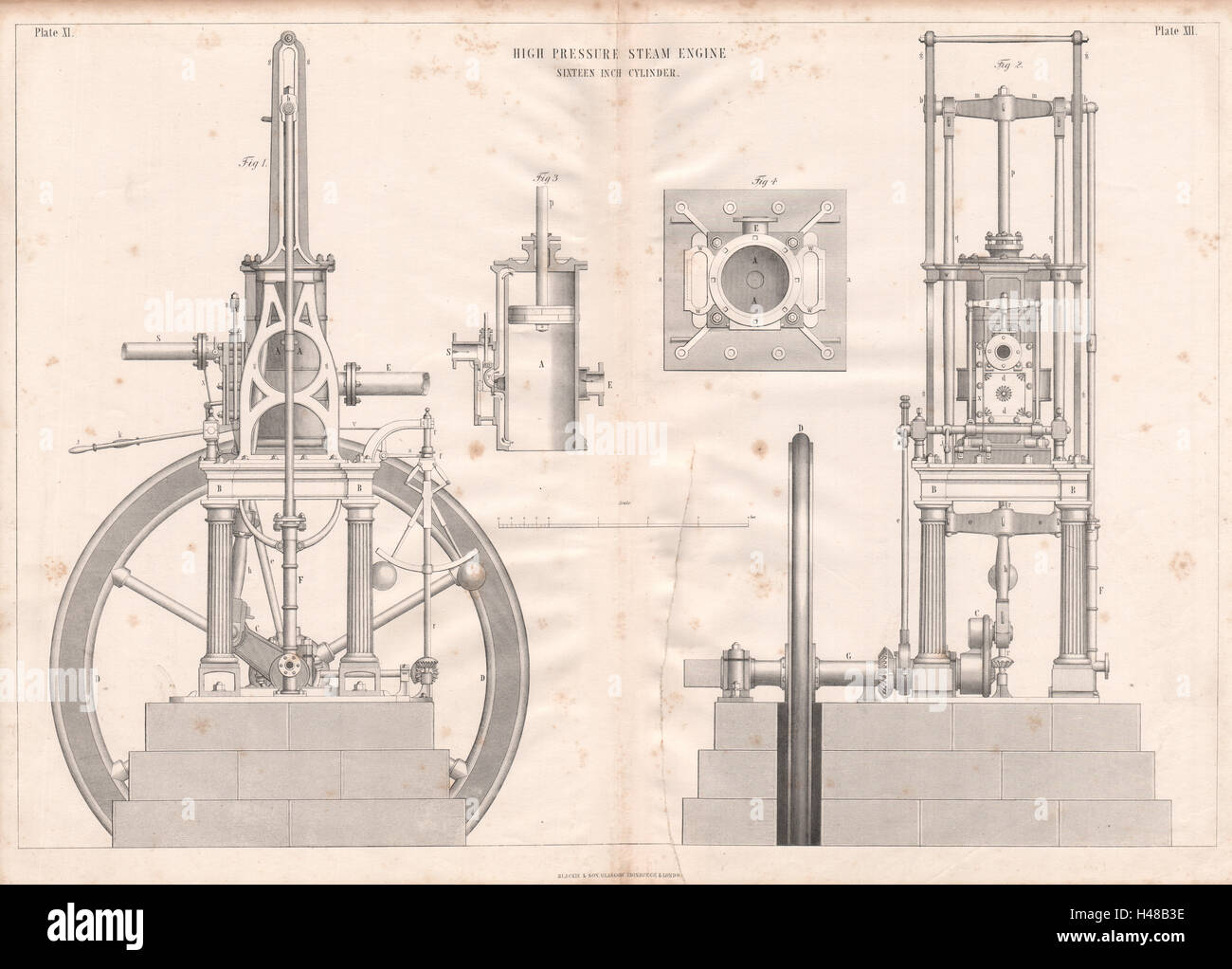 VIKTORIANISCHE ENGINEERING ZEICHNUNG. Hochdruck-Dampfmaschine, 16-Zoll-Zylinder 1847 Stockfoto