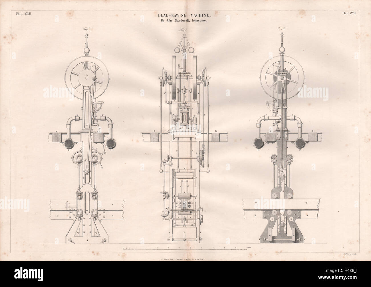 VIKTORIANISCHE technische Zeichnung viel Sägen Maschine. John Macdowall Johnstone 1847 Stockfoto