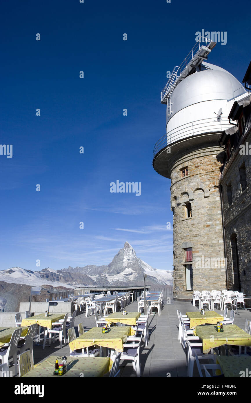 Schweiz, Wallis, Zermatt (Dorf), Matterhorn, Gornergrat (Wappen), Kulmhotel, Sternwarte, Sonnenterrasse, Stockfoto