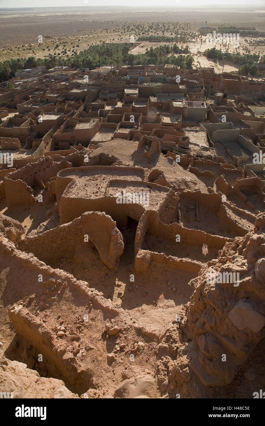 Algerien, Ighzer, lokale Übersicht, Afrika, wilden Landschaft, Wüste, Dorf, Gebäude, mucky einstellen, Architektur, Ort von Interesse, Reiseziel, Tourismus, Stockfoto