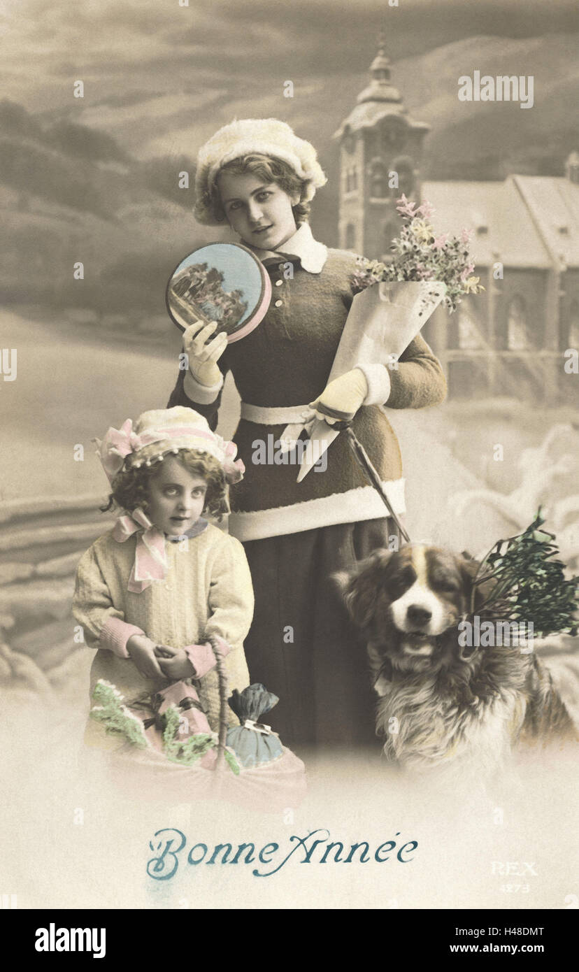 Nostalgie, neues Jahr wünscht, Frau, Kind, Hund, Geschenke, s/w-farbig, Stockfoto