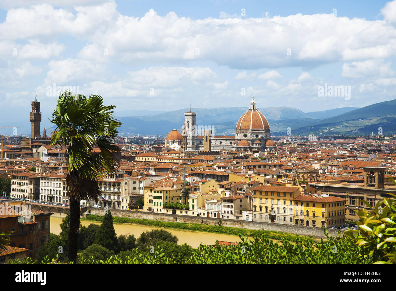 Italien, Toskana, Florenz, Blick auf die Stadt, Panorama, Panorama der Stadt, Kirchen, Fluss, Suche, Stockfoto