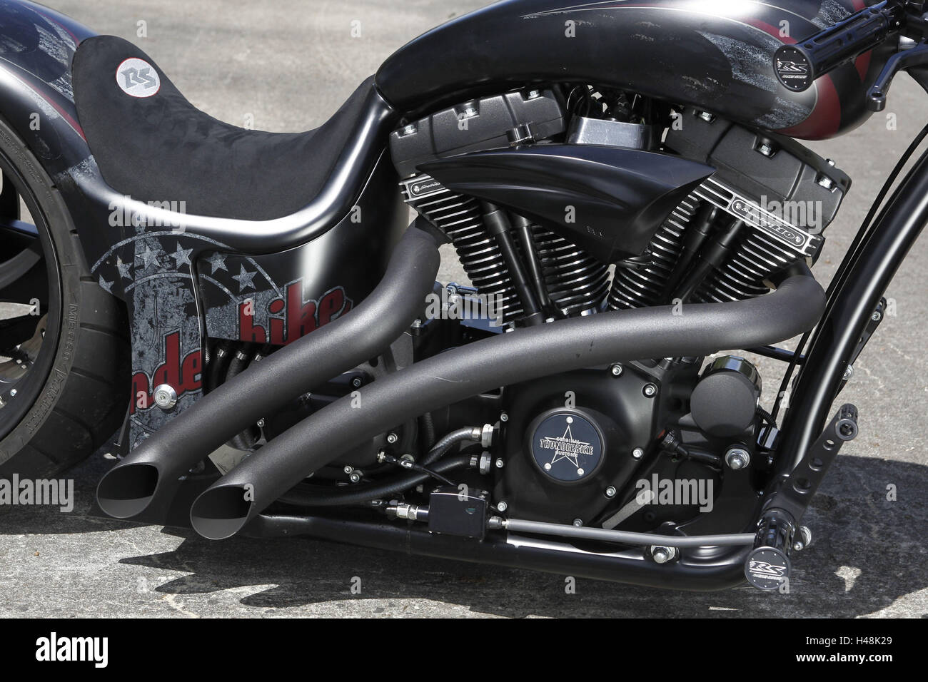Motorrad, Detail, extreme Chopper, Harley Basis, Motor, Thunderbike, Stockfoto