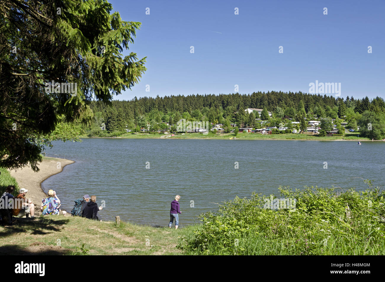 Deutschland, Niedersachsen, Harz, Farben Vaultingpferd, Pixhaier Teich, Ufer, Person, Stockfoto