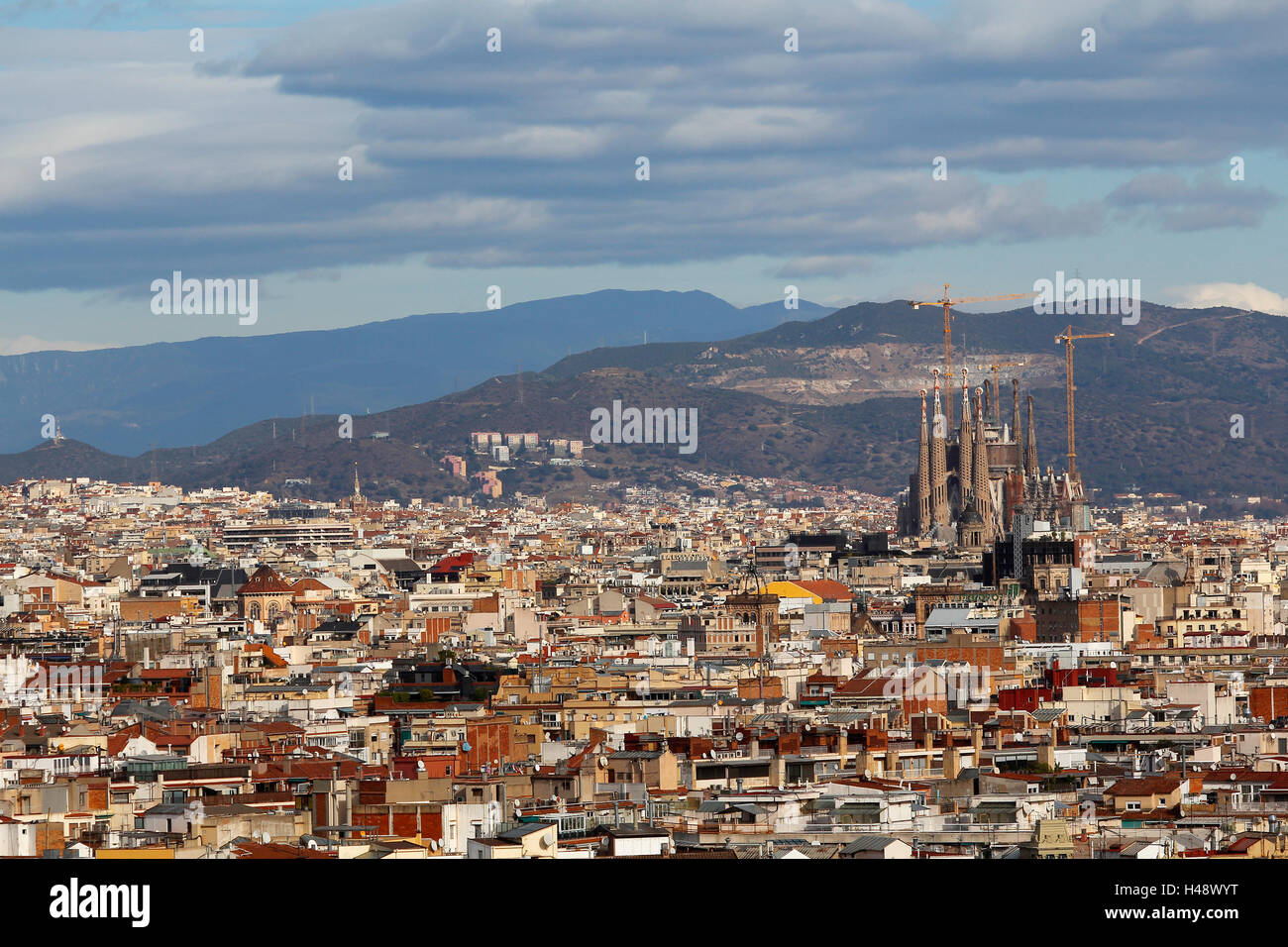 Stadtbild von Barcelona gedreht vom Montjuic Berg, mit der Sagrada Familia Stockfoto