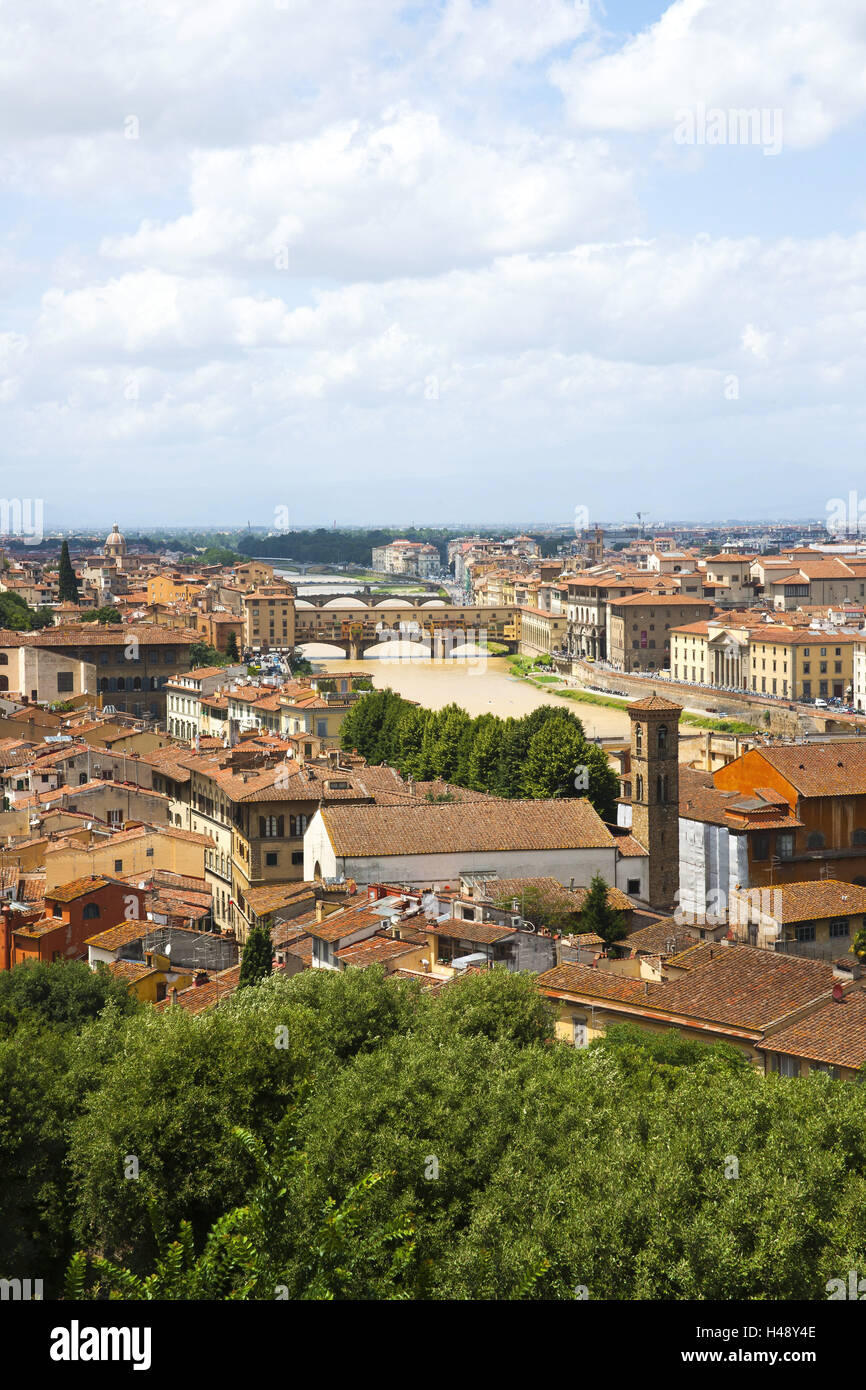 Italien, Toskana, Florenz, Blick auf die Stadt, Panorama, Panorama der Stadt, Kirchen, Fluss, Suche, Stockfoto