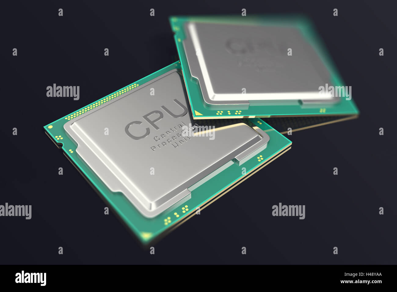 3D-Illustration CPU-chip, zentrale Prozessoreinheit auf schwarzem Hintergrund. Stockfoto