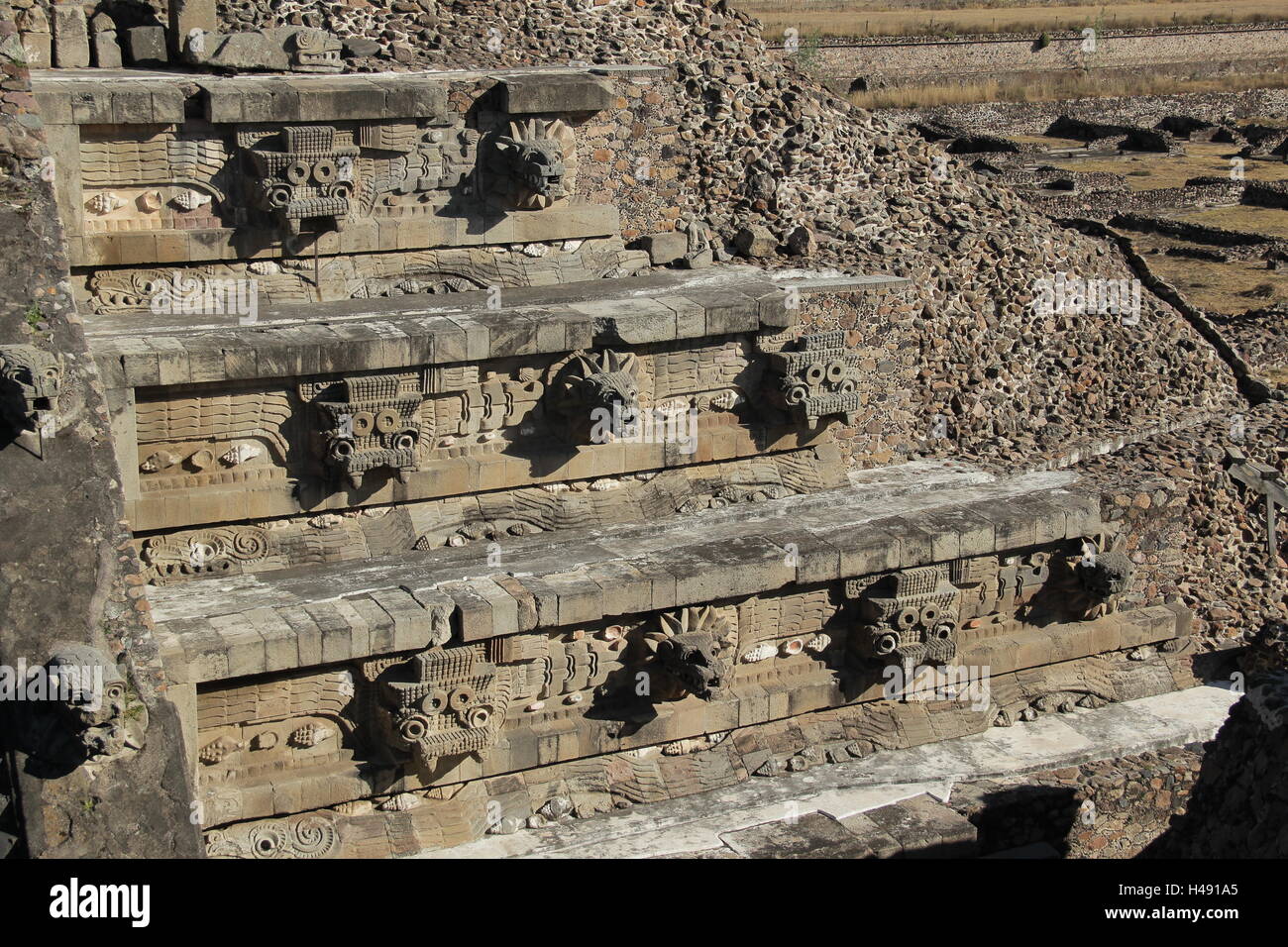 Tempel des Quetzalcoatl, Teotihuacan. Stockfoto