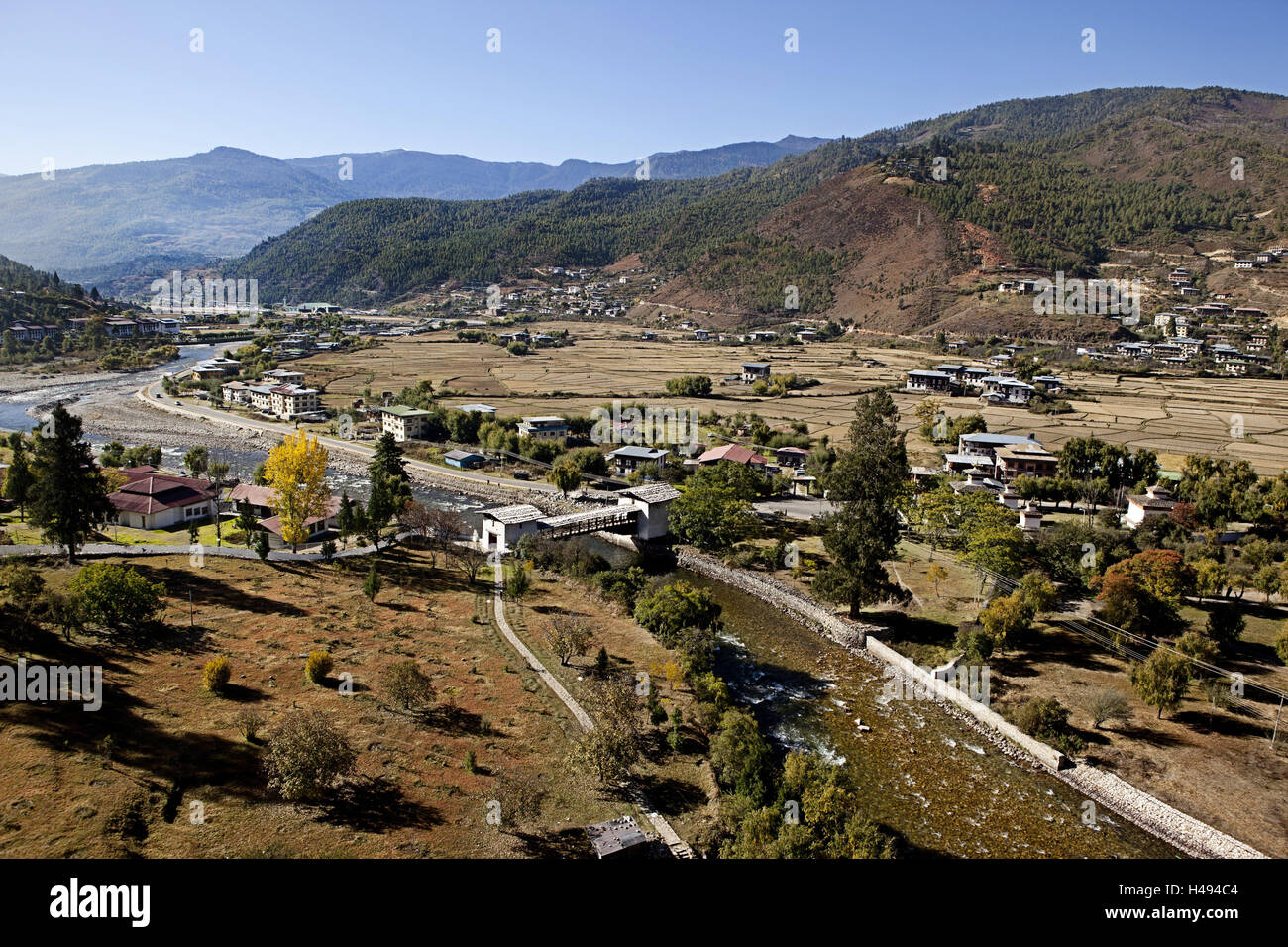 Königreich Bhutan, Landschaft im Paro-Tal, Stockfoto