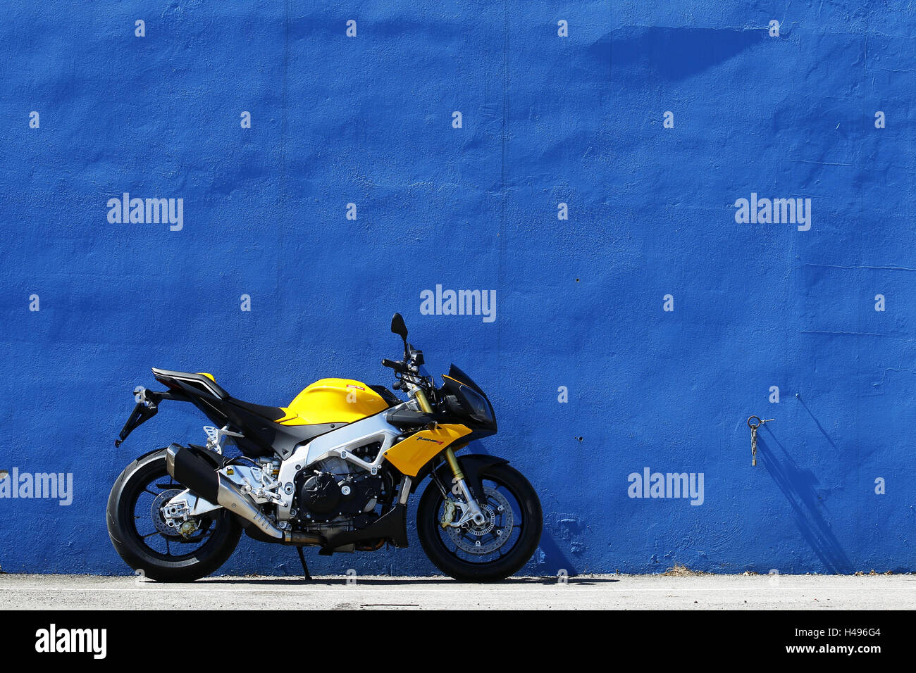 Motorrad, Tuono V4R, gelb, rechts stehend, vor blauer Wand, Stockfoto