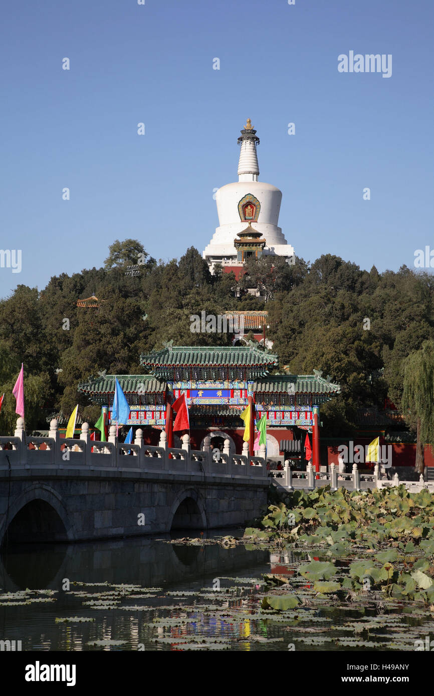 China, Peking, Beihai-Park, der Nordsee, Yong'an Brücke, Tor, jade Insel, weiße Pagode, Asien, Kultur, Kunst, Hauptstadt, Park, North Sea Park, Wasser, Beihai-See, See, Nord See Park, Park, Insel, jade Island, Qionghuadao, Hügel, Hügel, Schmuck Ziel, Fahnen, hell, Kolben-Pagode, Dagoba, Steinbrücke, Struktur, historisch, Architektur, Wasser Pflanzen, Lotuspflanzen, Holz, Ort der interessieren, niemand, im Außenbereich Stockfoto