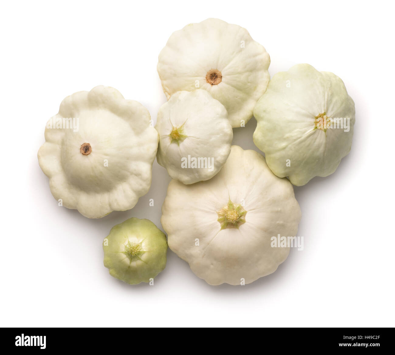 Draufsicht der Reife weiße Pattypan Kürbisse isoliert auf weiss Stockfoto