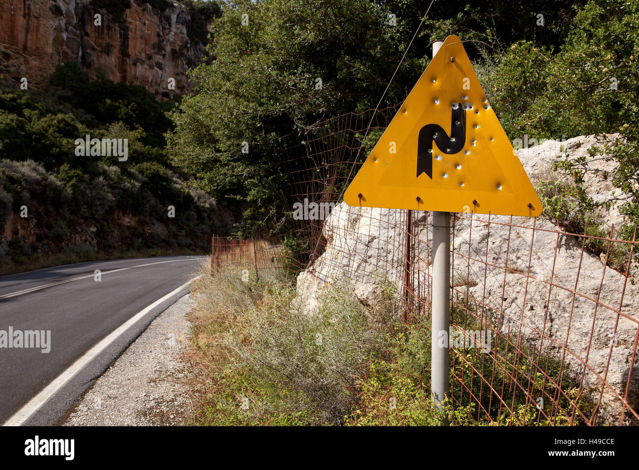 Griechenland, Kreta, gebratene Straßenschild, Ziel, Stockfoto