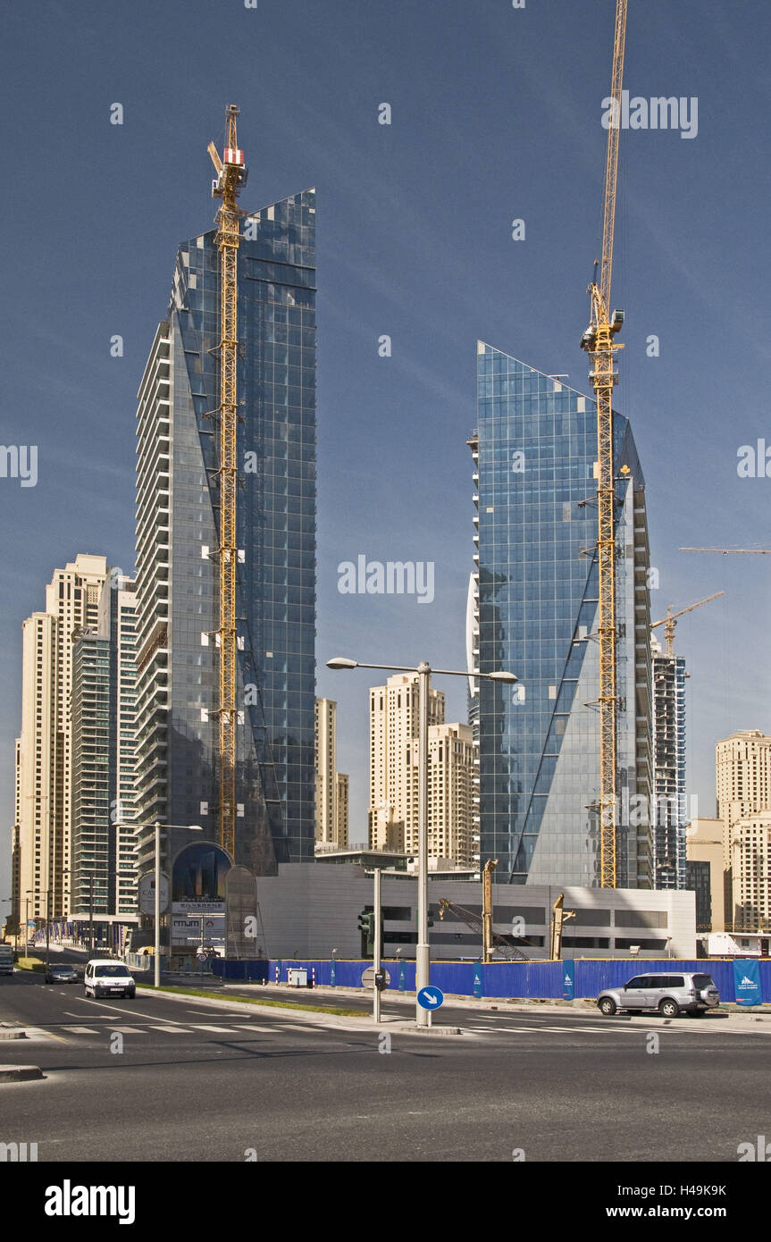 VAE, Dubai, Dubai Marina, Wolkenkratzer, Hochhäuser, Baukräne, Stockfoto