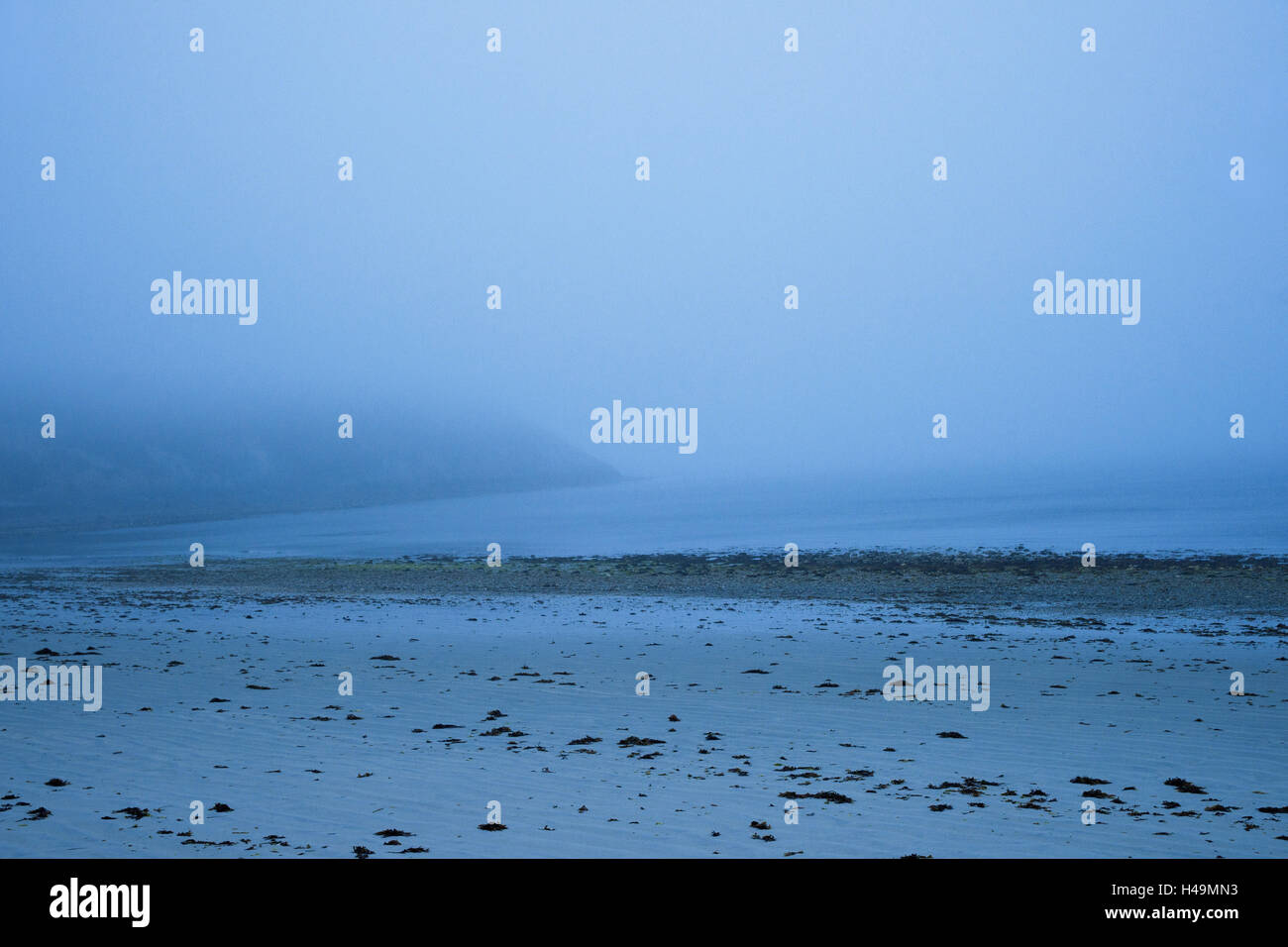 Strand im Nebel, Camaret Sur Mer, Bretagne, Frankreich Stockfoto