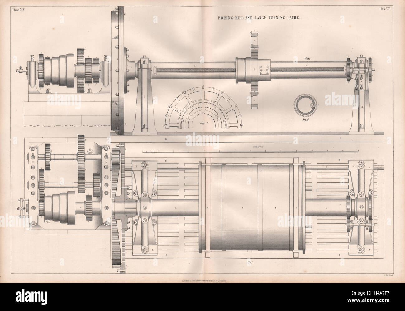 VIKTORIANISCHE ENGINEERING ZEICHNUNG. Bohrwerk und große Drehbank 1847 print Stockfoto