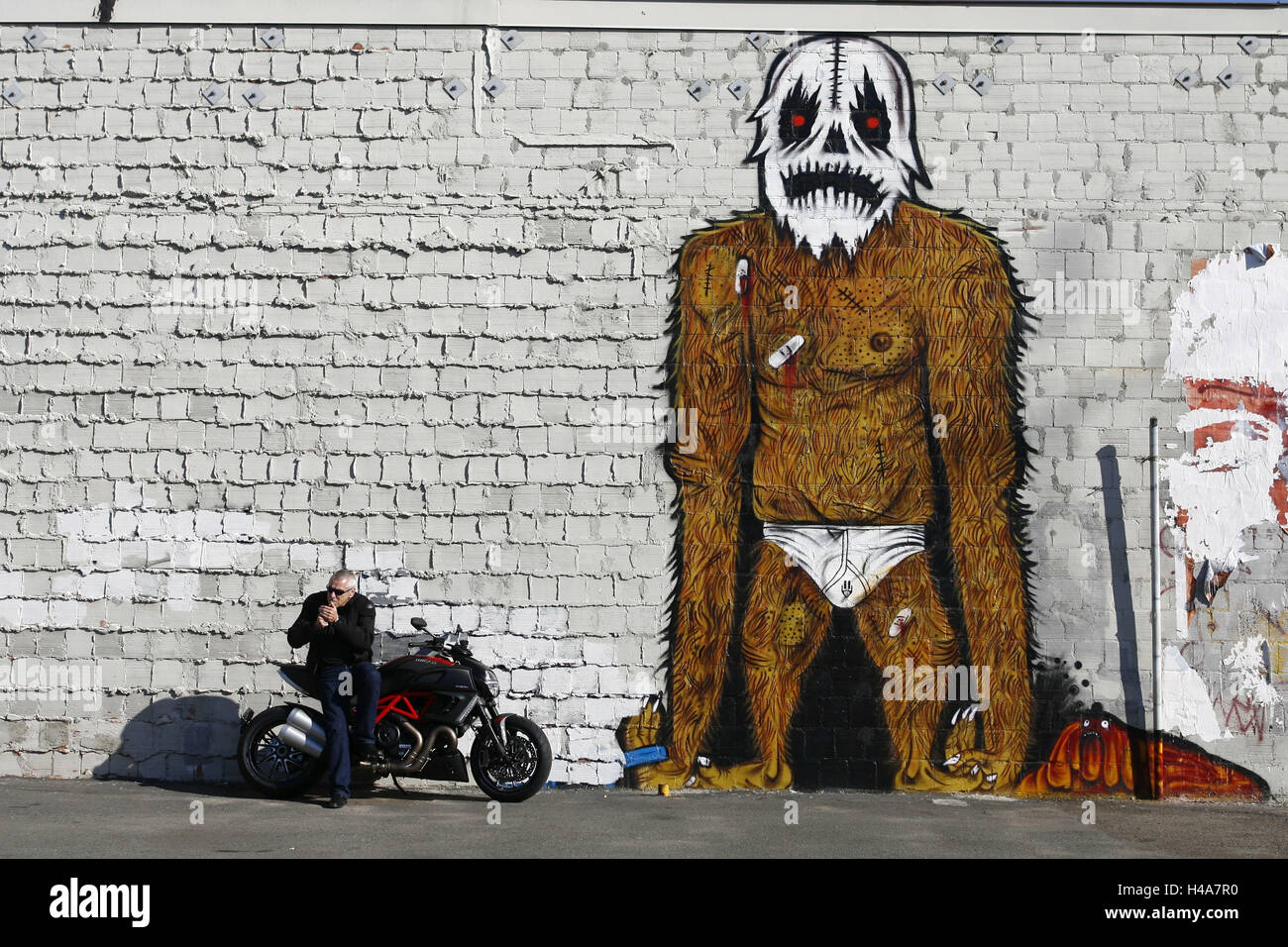 Motorrad, Ducati Diavel bemalte Wand, Graffiti, Stockfoto