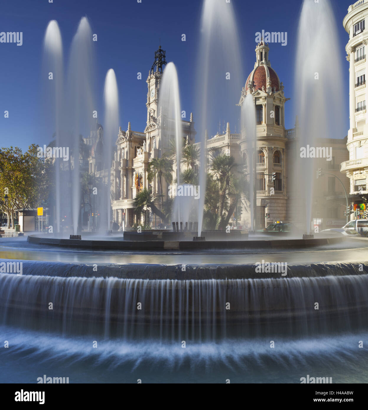 Spanien, Valencia, Place de l'Ajuntament, Rathaus, Brunnen, Stockfoto