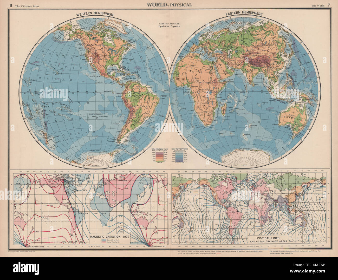 WELT MAGNETISCHE ABWEICHUNG & COTIDAL LINIEN. Physische. Ozean-Entwässerung.  1944-Karte Stockfoto