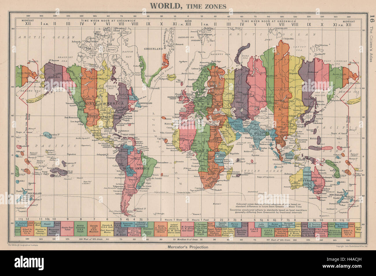 WELT. Zeitzonen. Großbritannien Irland Spanien & Frankreich auf derselben Zone. Bartholomäus 1944 Karte Stockfoto