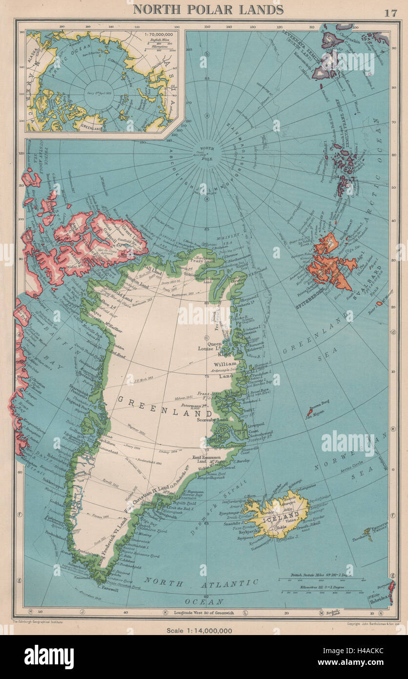 ARKTIS. North Polar Ländereien. Grönland-Island. Entdecker-Routen 1944 alte Karte Stockfoto