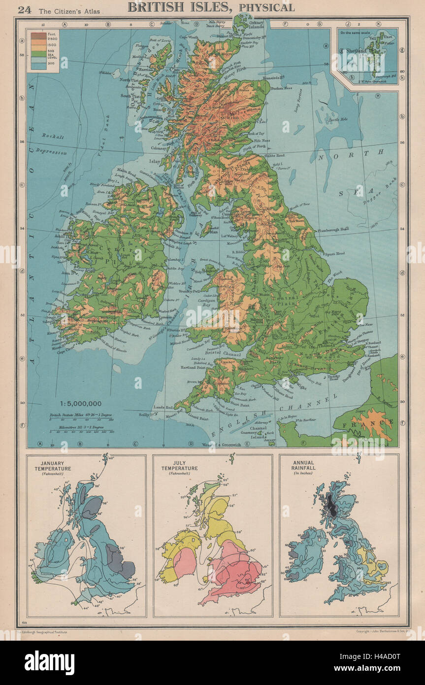 BRITISCHEN INSELN PHYSIKALISCHE & KLIMA. Januar-Juli-Temperatur. Niederschläge 1944 Karte Stockfoto