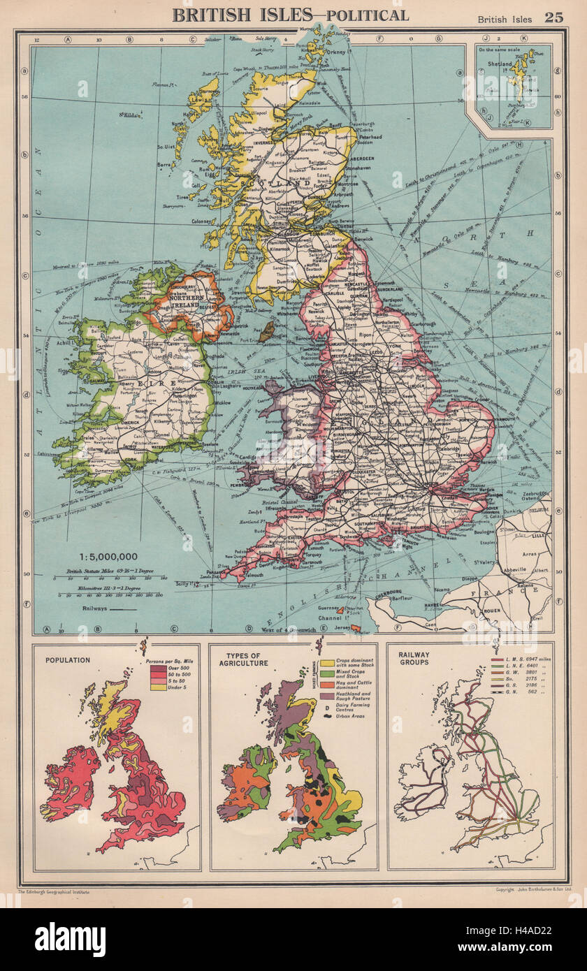 BRITISCHEN INSELN. Bevölkerungsdichte. Landwirtschaft-Typen. Stromnetz 1944 Karte Stockfoto