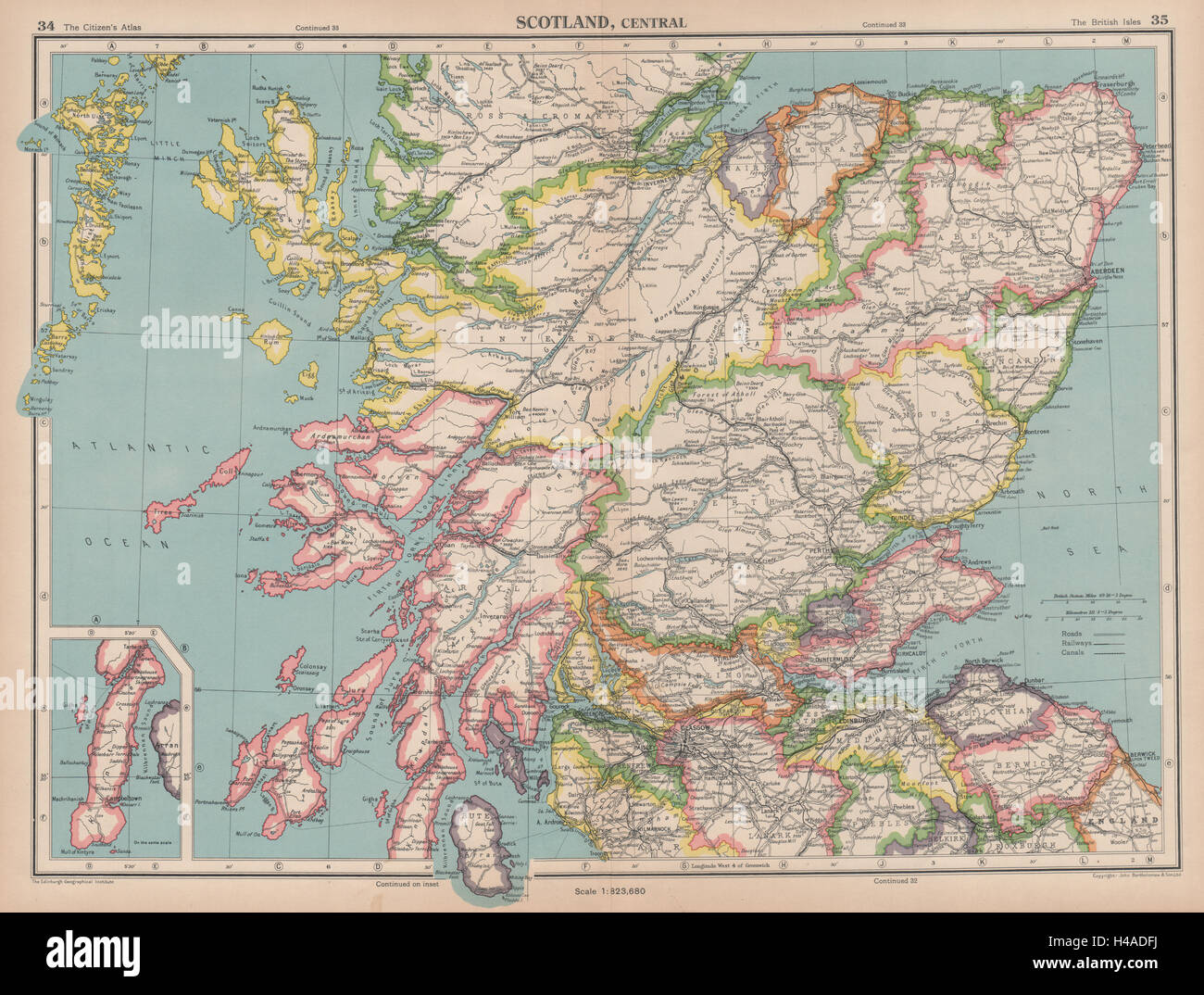 ZENTRAL-SCHOTTLAND. Zeigt Grafschaften. Bartholomäus 1944 alte Vintage Karte Diagramm Stockfoto