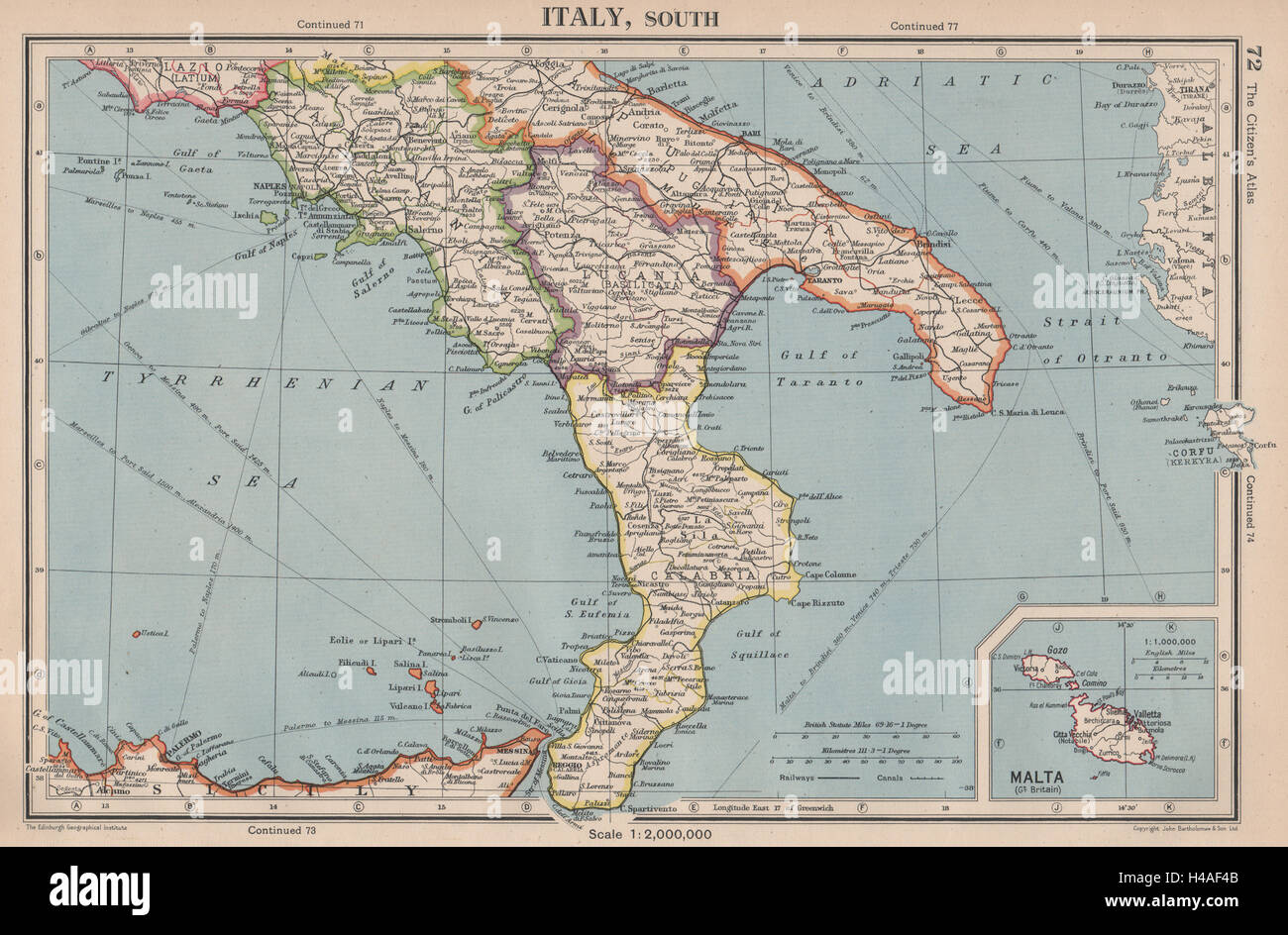 ITALIEN SÜD. Calabria Campania Lucania Apulien. Inset Malta. Bartholomäus 1944 Karte Stockfoto